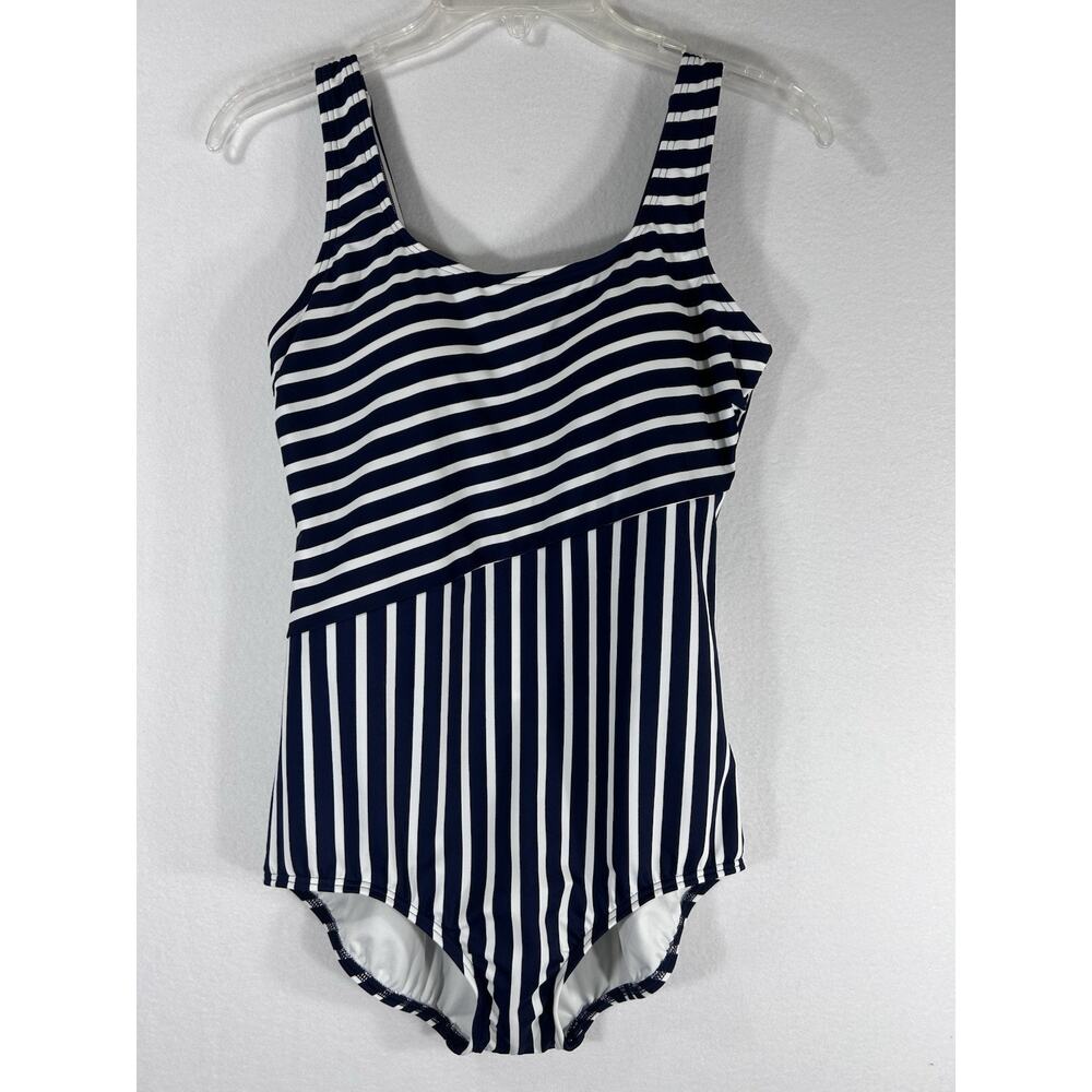 Lands’ End Scoop Neck Tugless Sporty One Piece Navy/White Swimsuit Size 10 NWOT